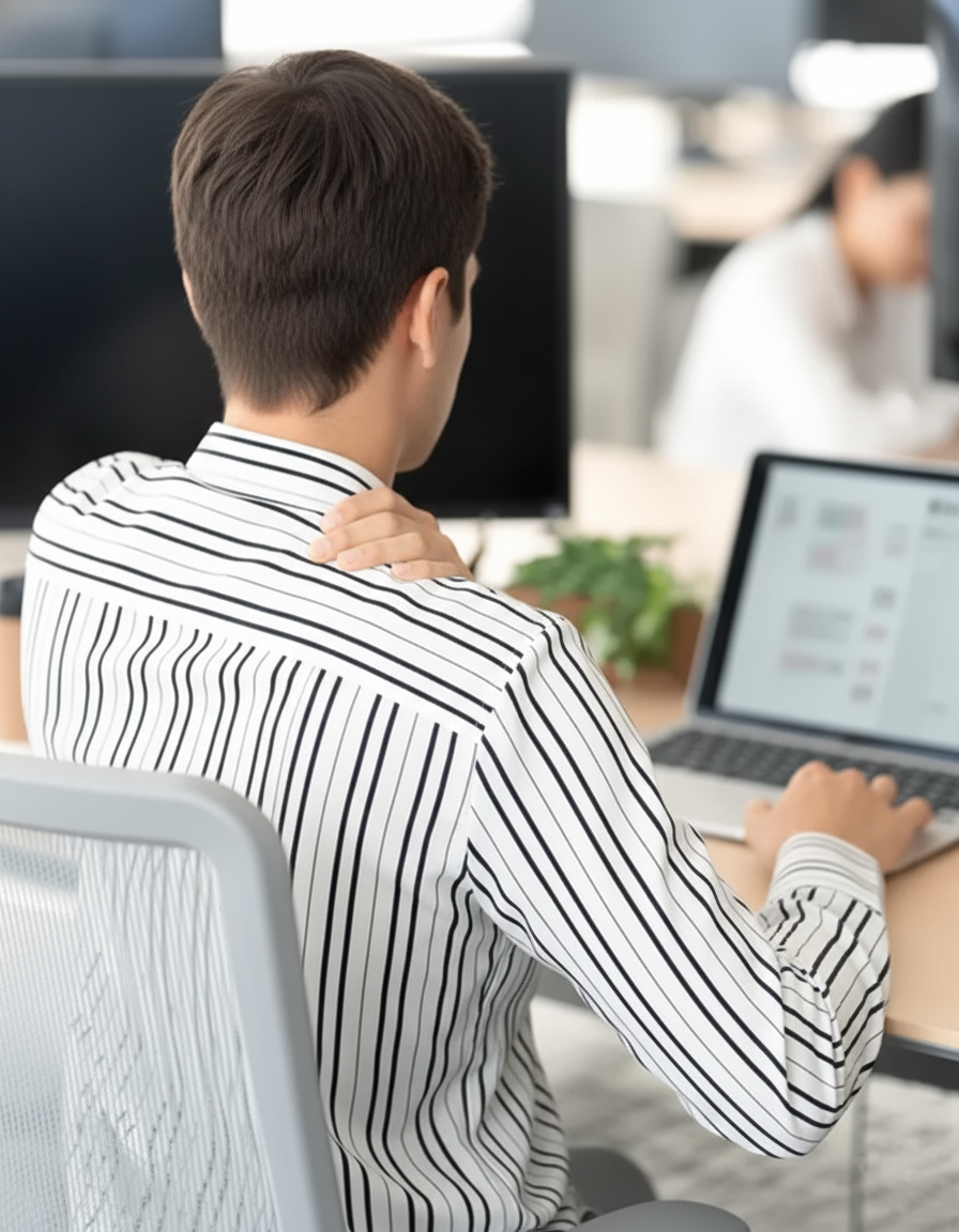 Long-term sitting at work, stiff neck and shoulders